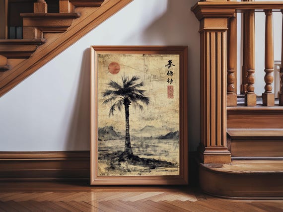 Wabi Sabi Palm Tree Coastal Art Nautical Decor Framed Print Japanese Style Artwork Palm Tree Painting Coastal Painting Living Room