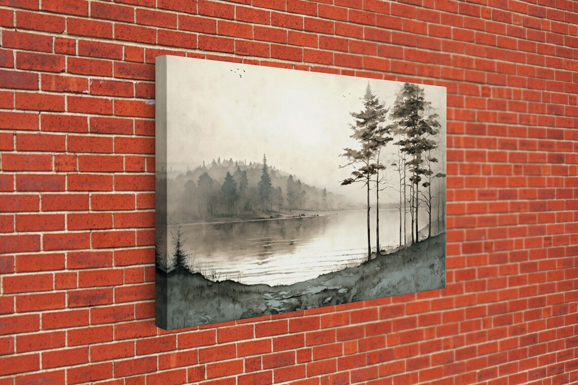 Pine Tree Vintage Landscape, Oil Painting Art Print - Image 2
