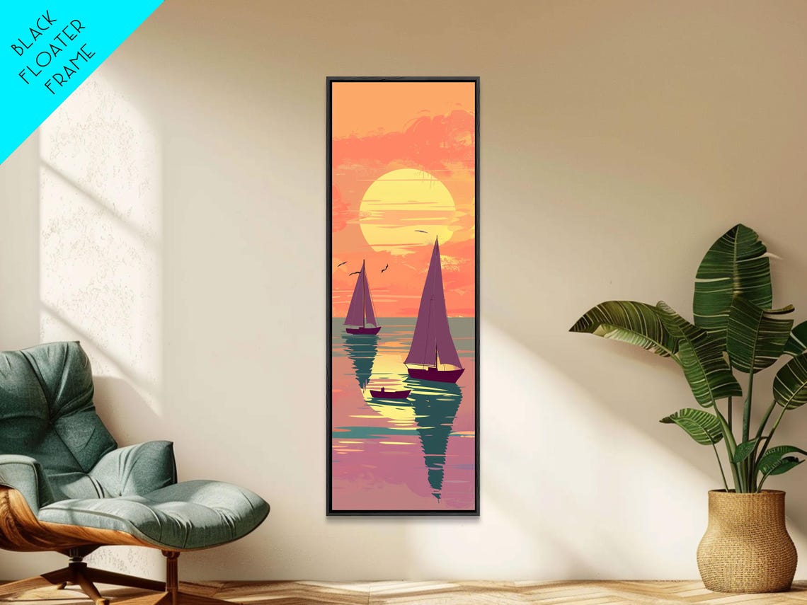 Sailing Boats Orange Sunset Golden Sun Seascape Ukiyo E Poster - Image 5