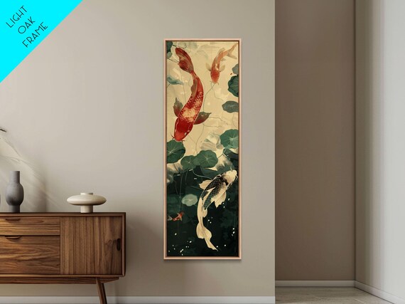 Koi Fish Swimming Among Lilypads In A Calm Pond Framed Print Skinny Art And Tall Art With Ukiyo E Art And Japanese Style Art