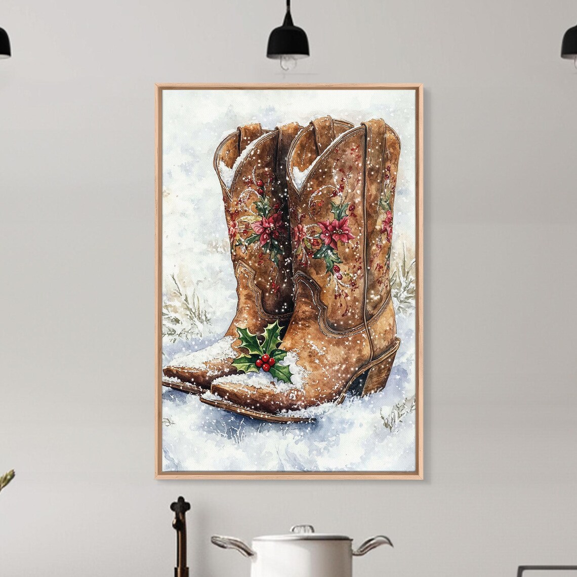 Cowboy Boots With Christmas Poinsettias In Snow Western Holiday Poster