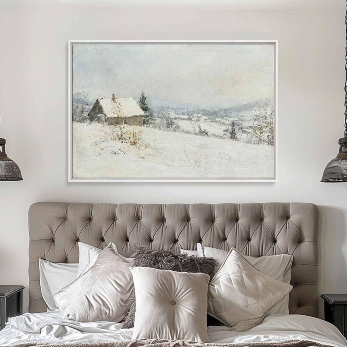 Snowy Winter Cabin Watercolor Snow Village Peaceful Hills Art Poster - Image 2