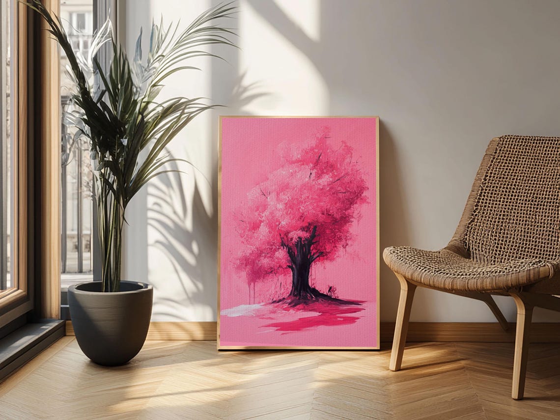 Bold Monochrome Pink Tree Silhouette Preppy Blossom Art Print