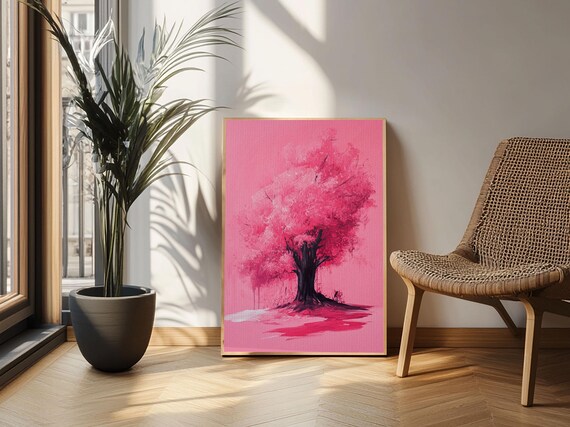 Pink Maple Tree Preppy Painting Print Girls Dorm Room Wall Art Home Decor Trendy Wall Art Pink Decor