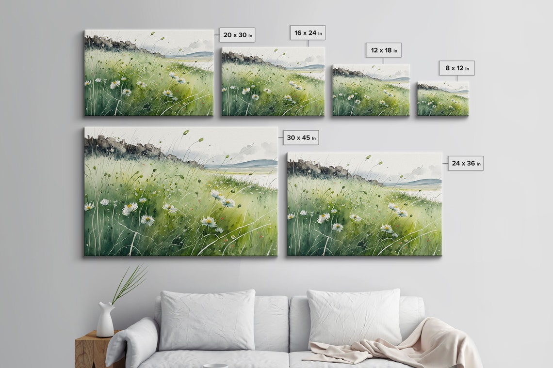White Daisies Watercolor Hillside Green Meadow Coastal View Art Poster - Image 2