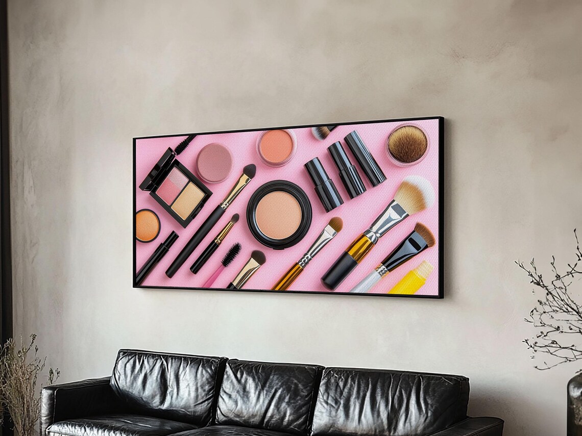 Makeup Brushes Cosmetics Flat Lay Pink Background Preppy Beauty Wall Art - Image 3