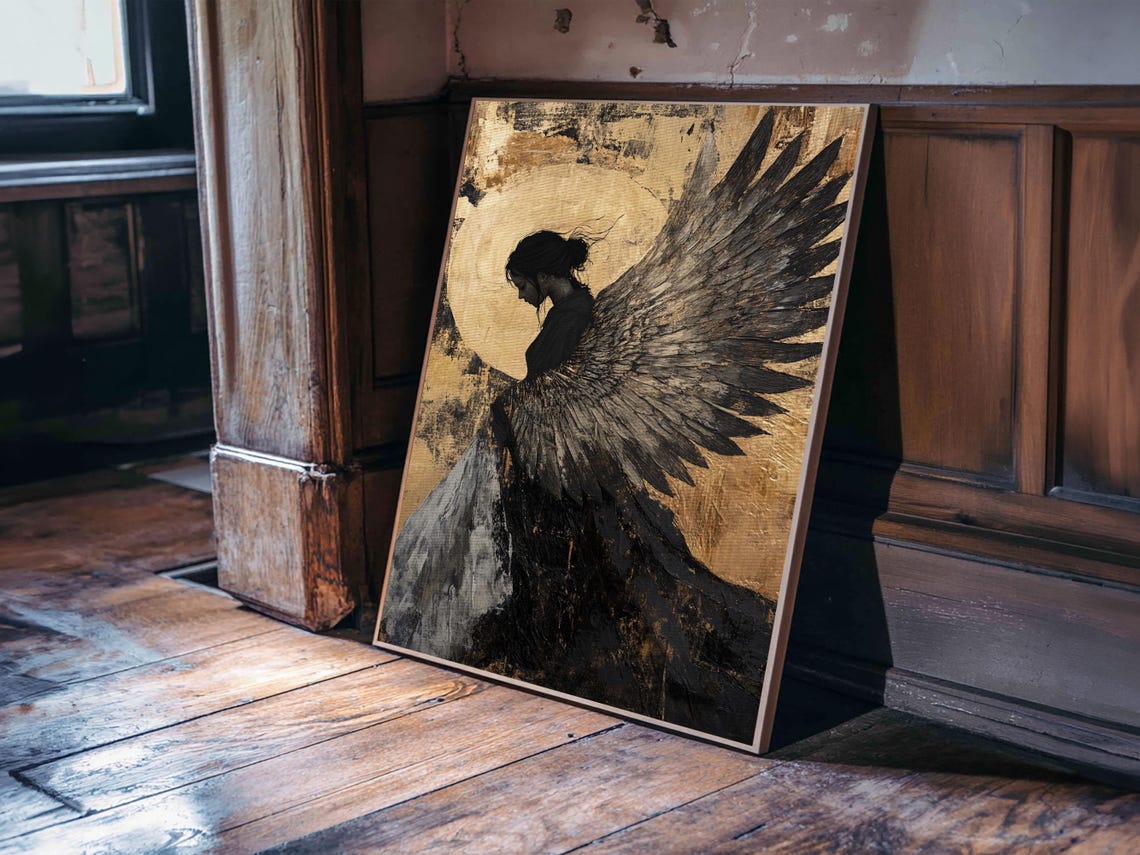 Dark Angel Silhouette Gold Moon Gothic Angel Wings Art Print - Image 5