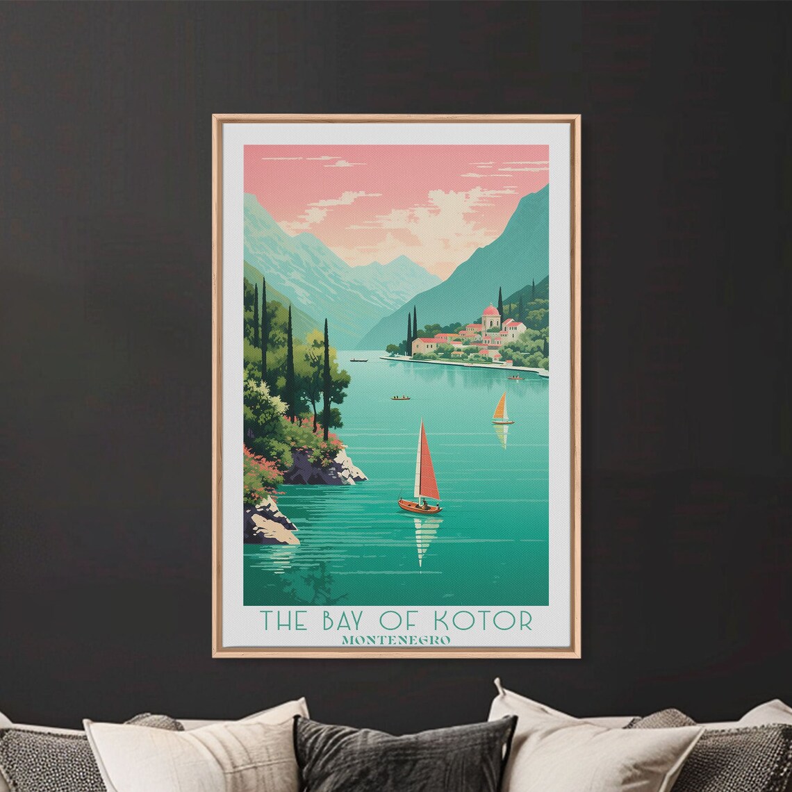 The Bay of Kotor Montenegro Sailboats Mountain Sunset View Poster