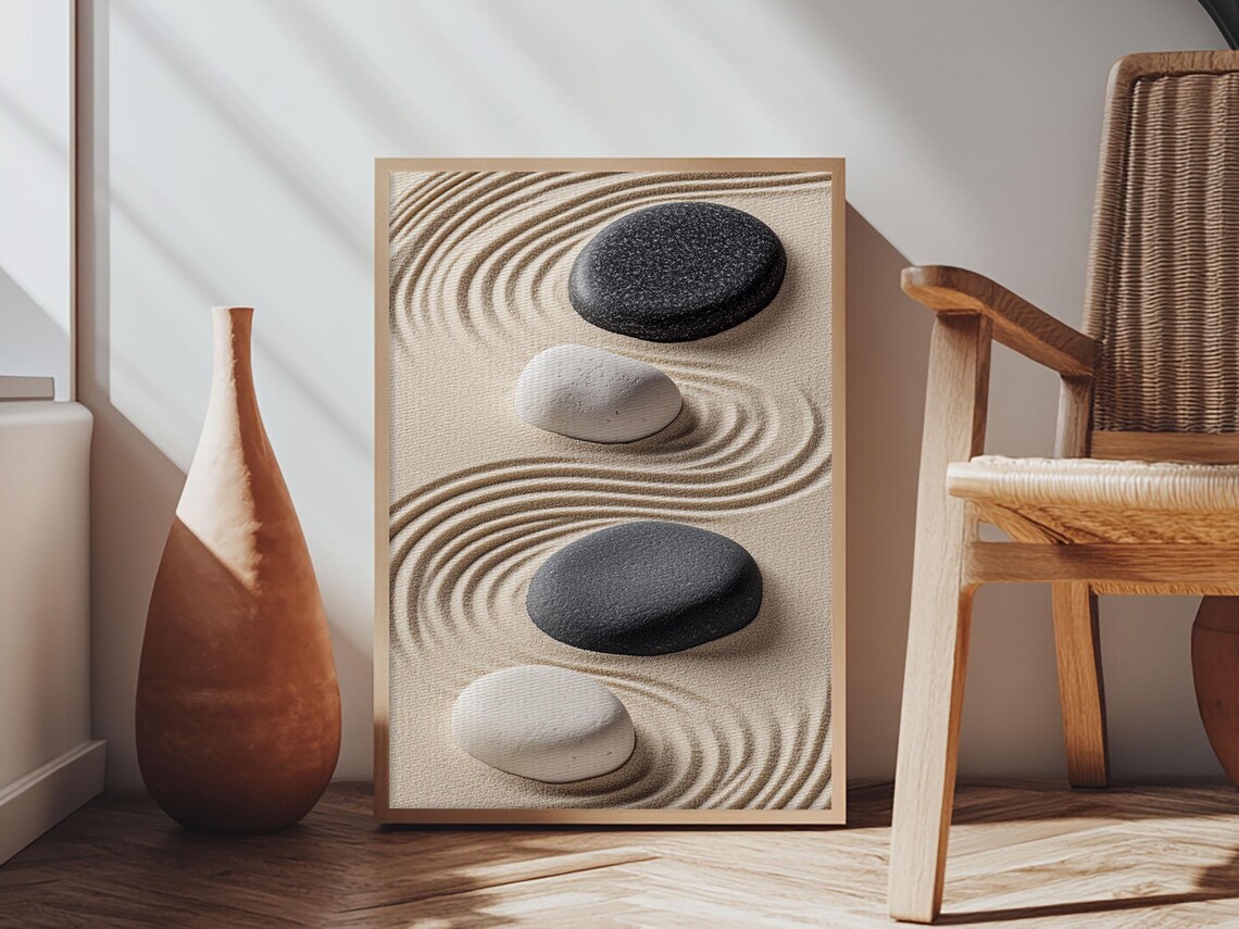 Black White Zen Stones, Wabi Sabi Wall Art Print