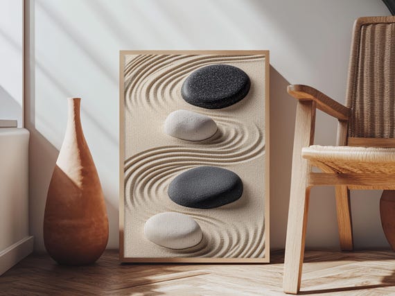 Black White Zen Stones, Wabi Sabi Wall Art Print