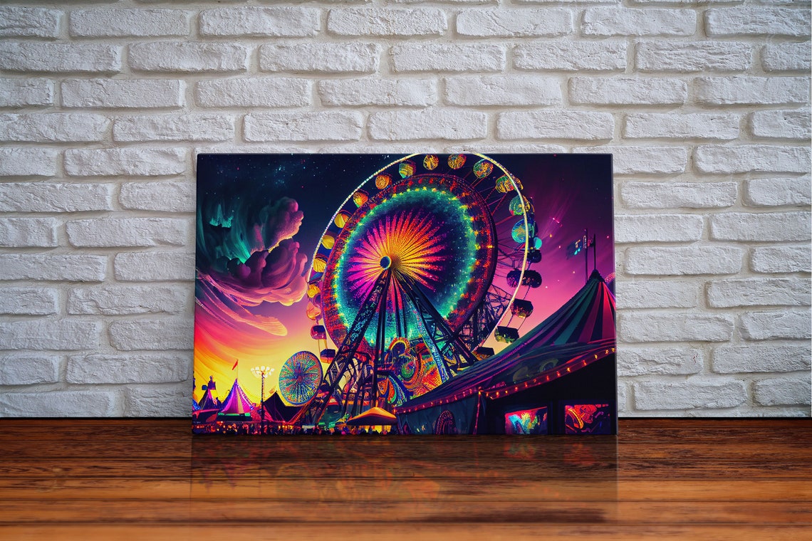 Synthwave Carnival Neon Ferris Wheel Night Sky Colorful Poster - Image 6