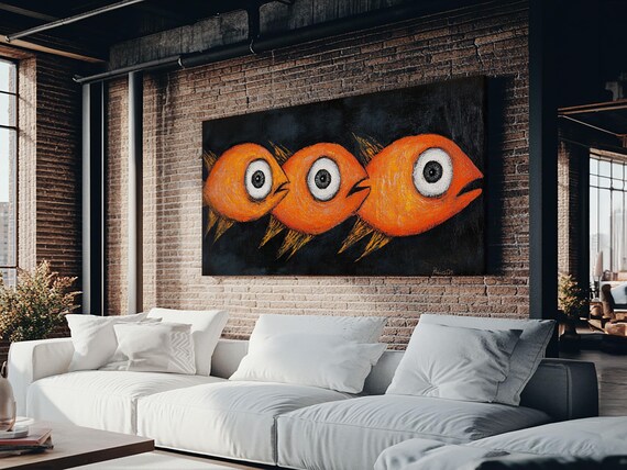 Retro 19th Century Folk Art Print Funny Gold Fish Painting Folk Art Painting Whimsical Wall Art Gold Fish Wall Art