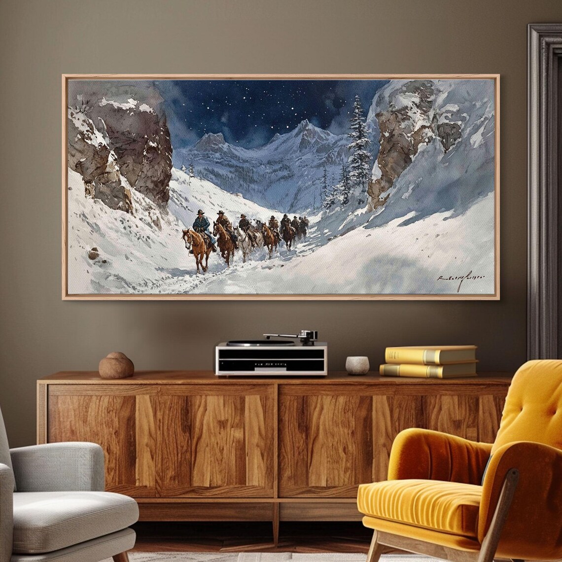 Cowboys Riding Snowy Mountain Pass Under Starry Night Art Print - Image 2