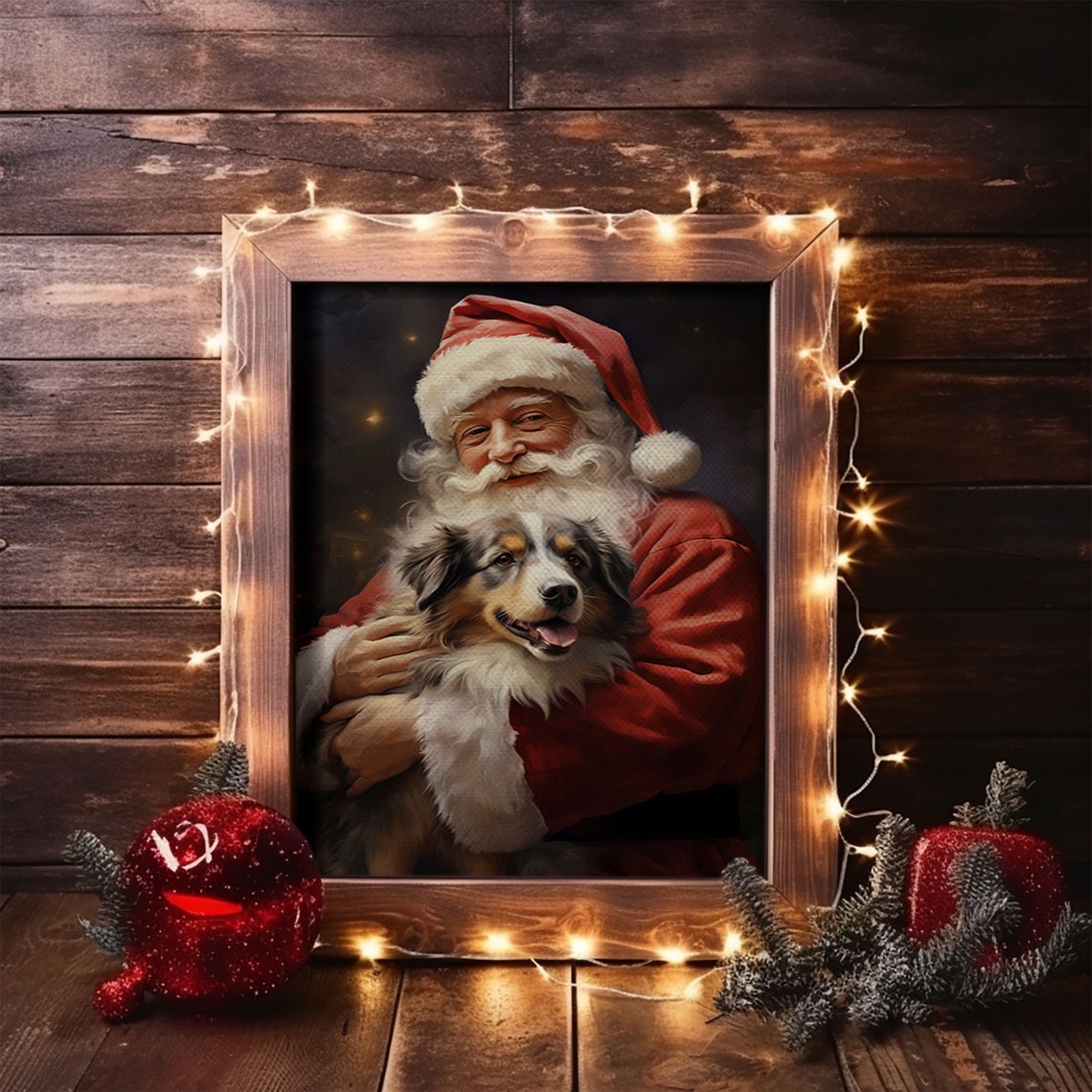 Santa Claus Hugging Australian Shepherd Puppy Christmas Poster - Image 6