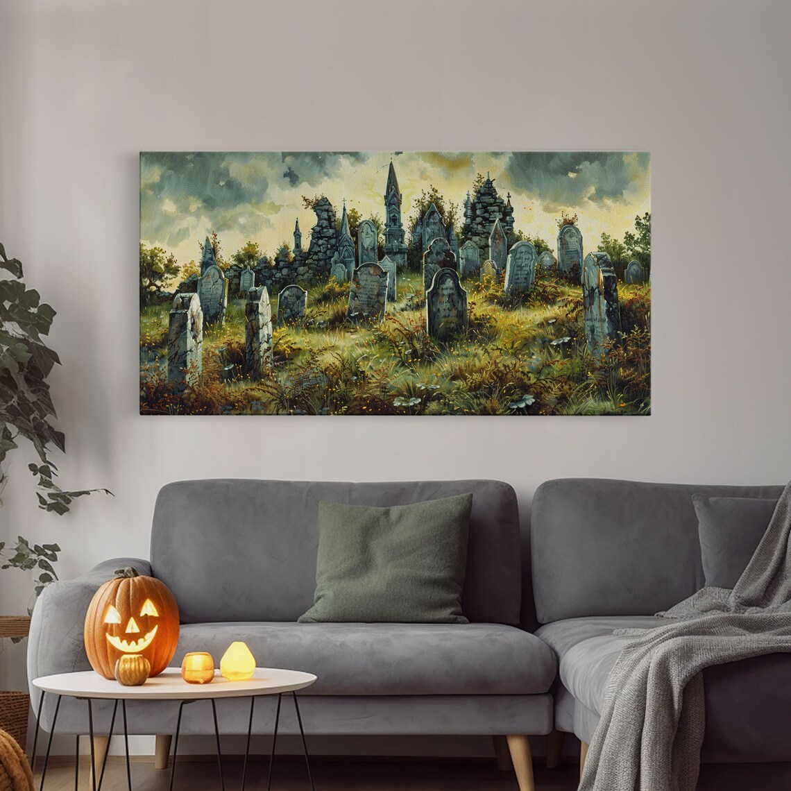 Haunted Cemetery Overcast Old Tombstones Ruined Chapel Spooky Wall Art - Image 4