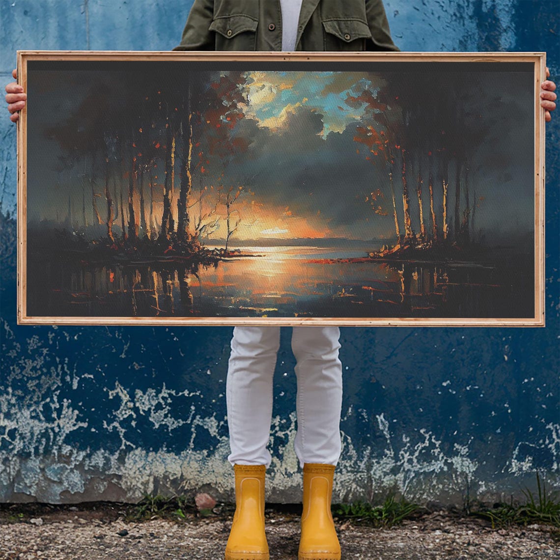 Moody Dark Lake Sunset Orange Glow Reflection Vintage Style Poster - Image 6