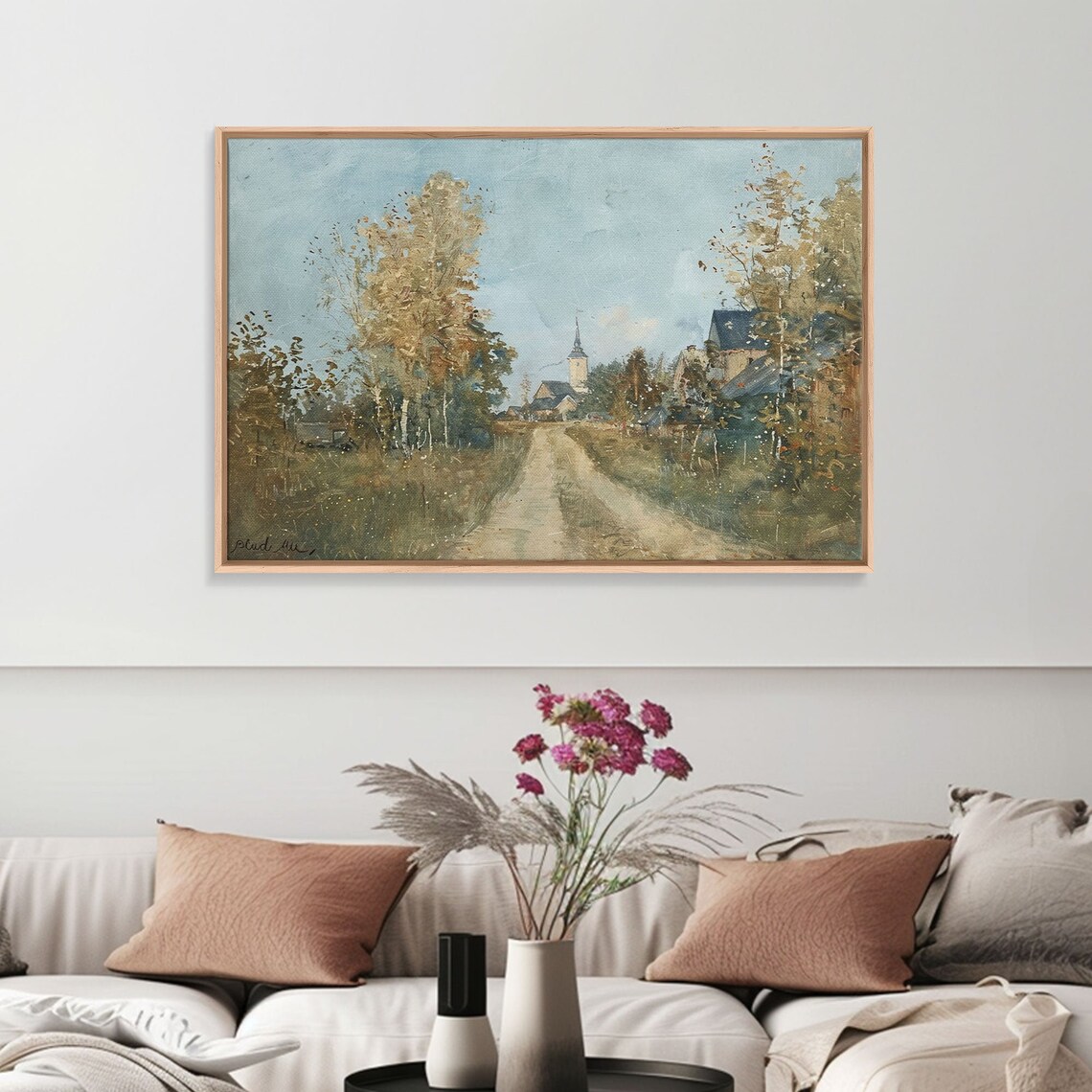 Old Country Road Leading to Village Church Autumn Trees Folk Art Poster