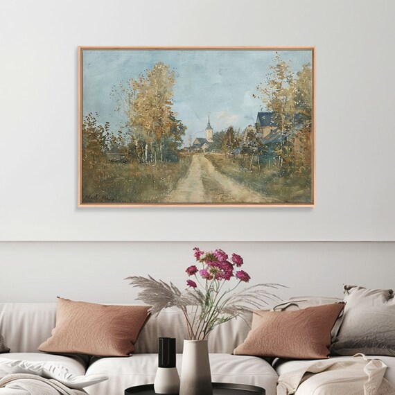 Old Country Road Leading to Village Church Autumn Trees Folk Art Poster
