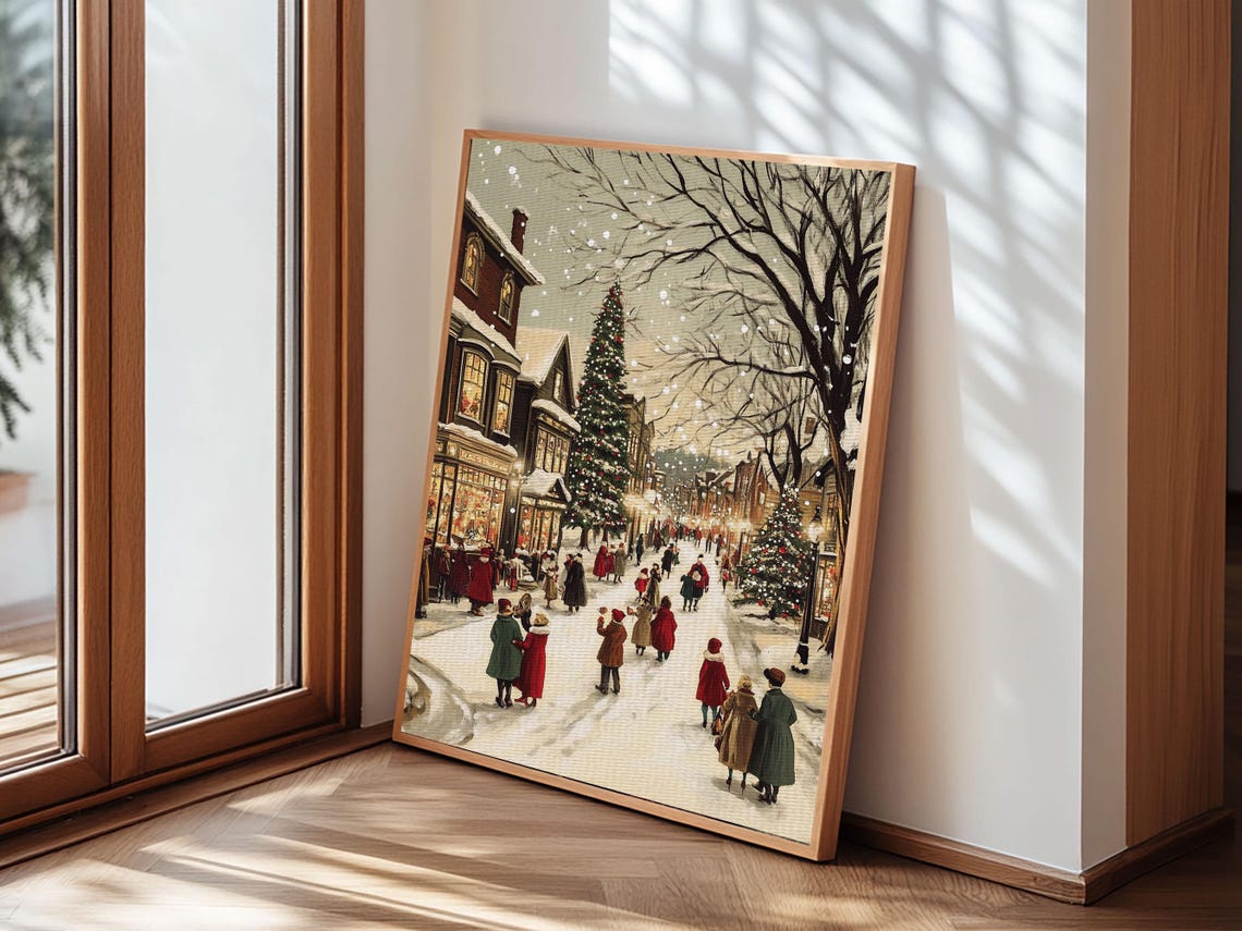 Christmas Village Painting Print Vintage Christmas Art Print Christmas Home Decor Framed Christmas Art Christmas Village Art