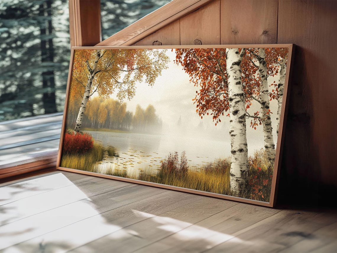 Golden Autumn Birch Trees Misty Lake Fall Foliage Landscape Poster - Image 4