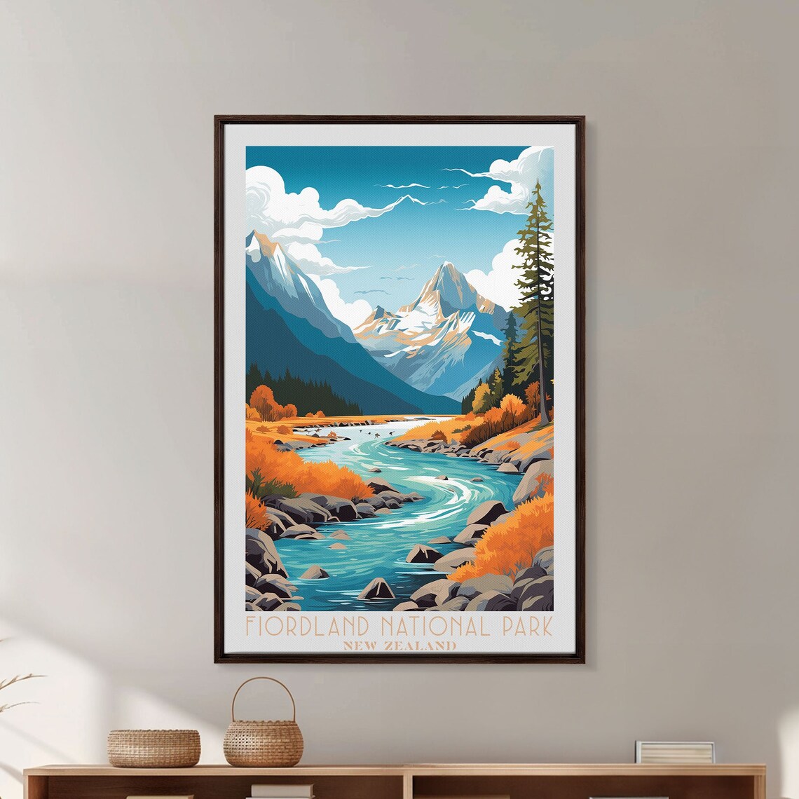 Fiordland New Zealand Alpine River Snow Peaks Autumn Foliage View Poster - Image 5