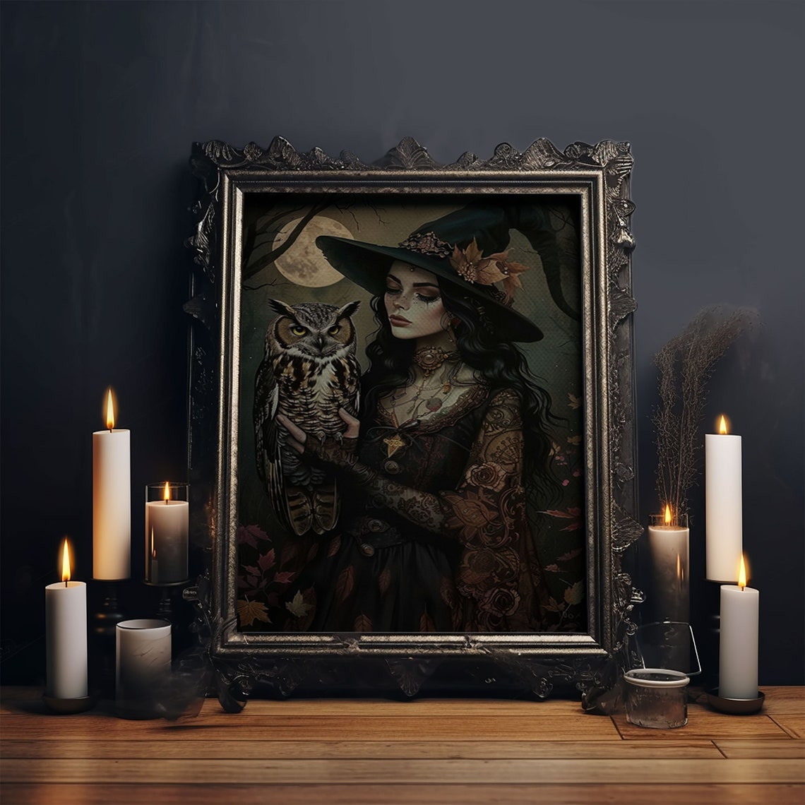 Witch Holding Great Horned Owl Under Full Moon Autumn Night Poster - Image 6