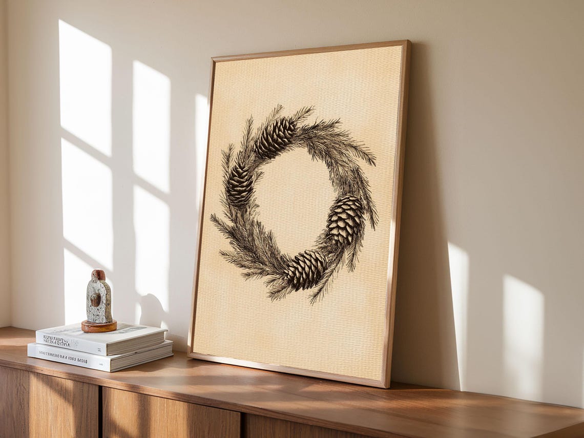 Pine Cone and Evergreen Wreath Black Sketch Christmas Holiday Poster - Image 5