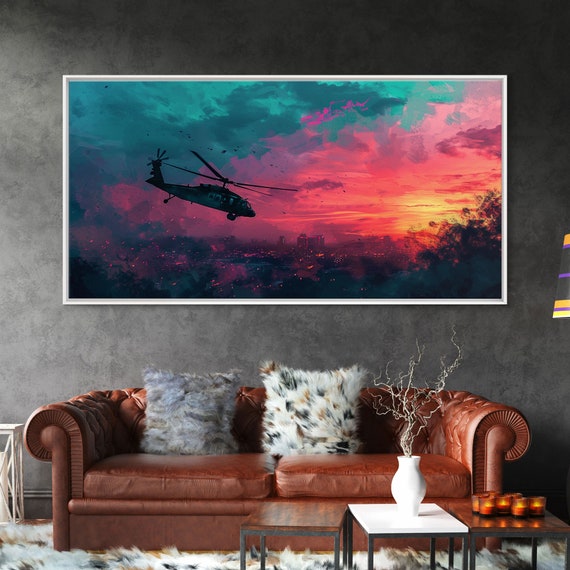 Sunset Blackhawk Helicopter Over Los Angeles Framed Print Military Art Helos Over La Military Print Man Cave Office Decor