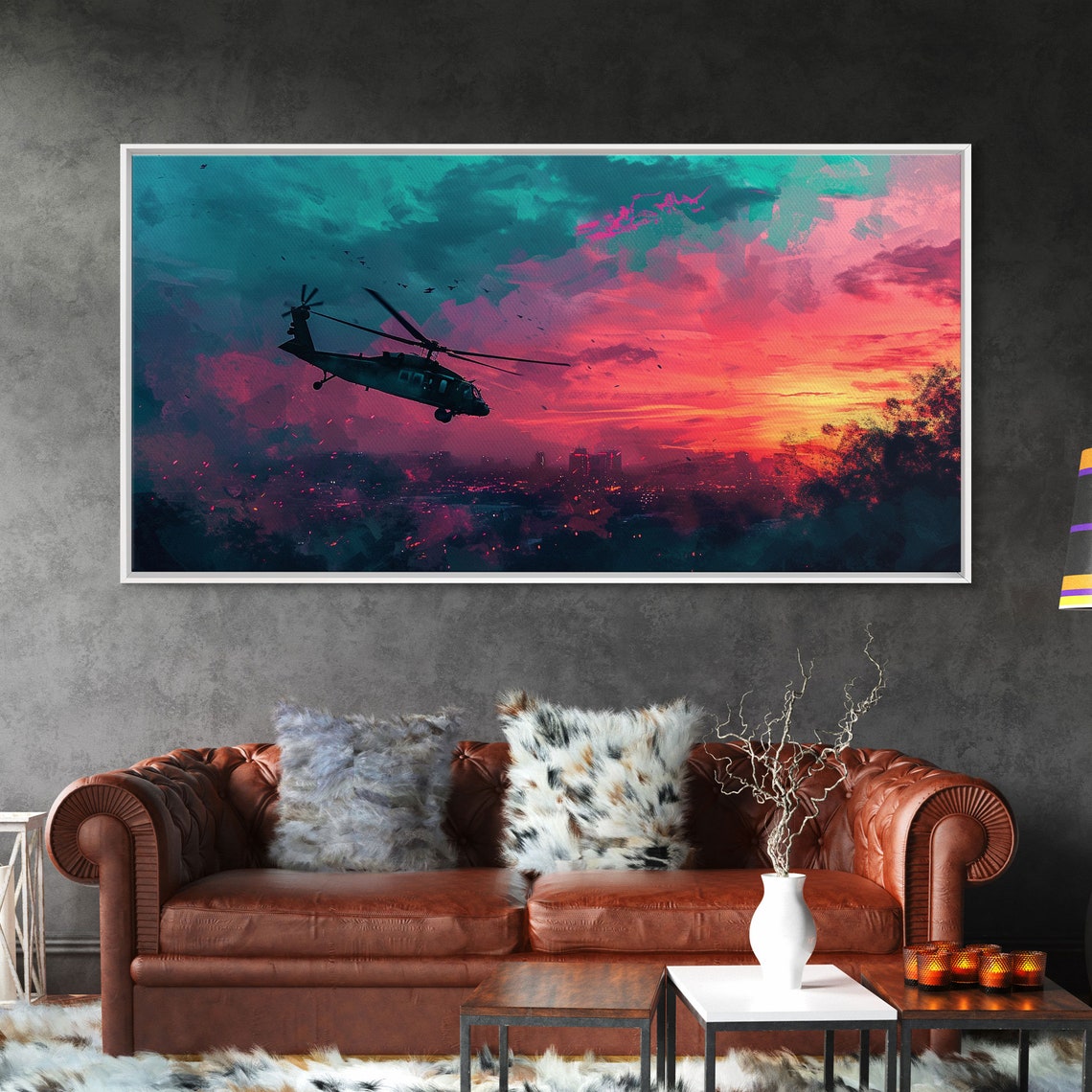 Blackhawk Helicopter City Sunset Sky Military Aviation Poster