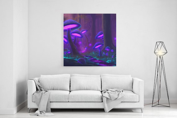 Bioluminescent Glowing Mushrooms In A Magic Forest Fantasy Art Framed Print Wall Art Decor