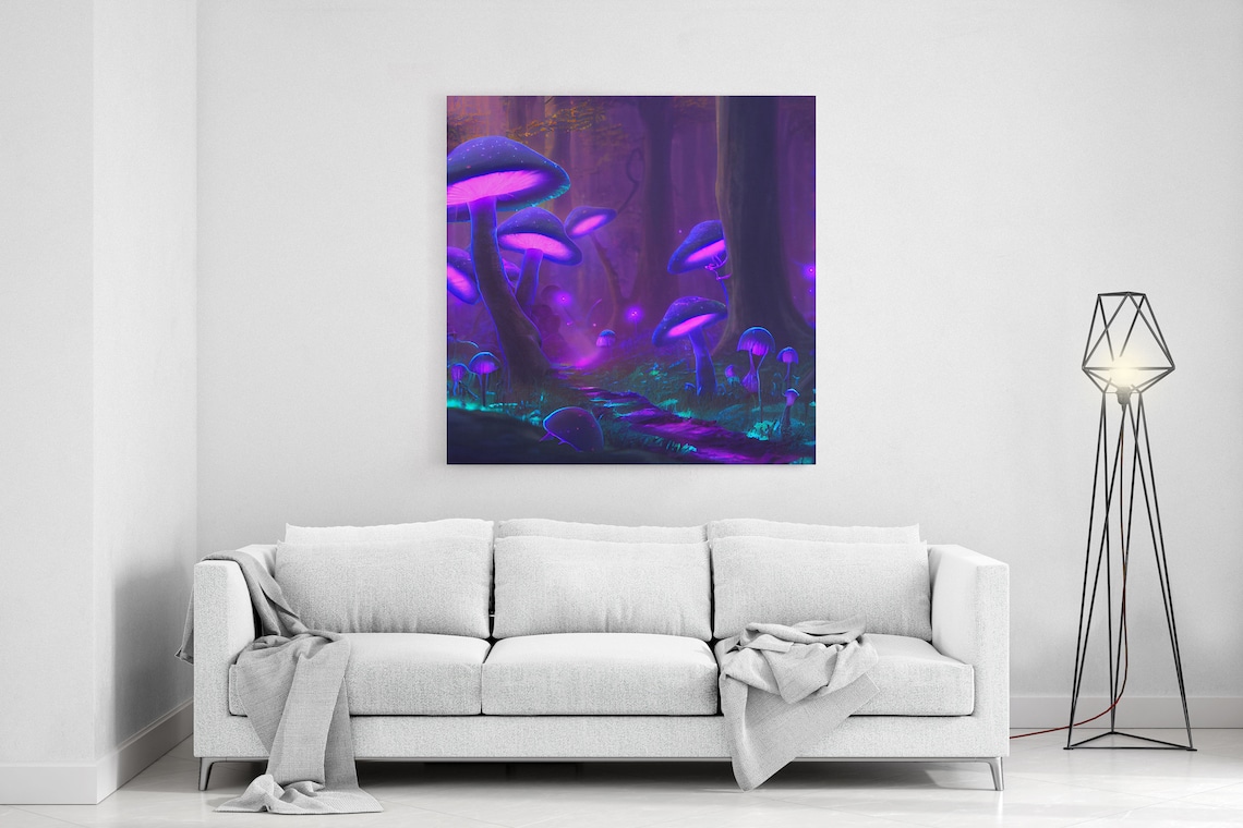 Purple Glowing Mushrooms Magic Forest Bioluminescent Night Poster