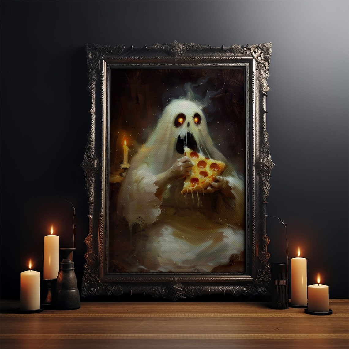 Hungry Ghost Eating Pepperoni Pizza Spooky Funny Candlelit Poster - Image 3