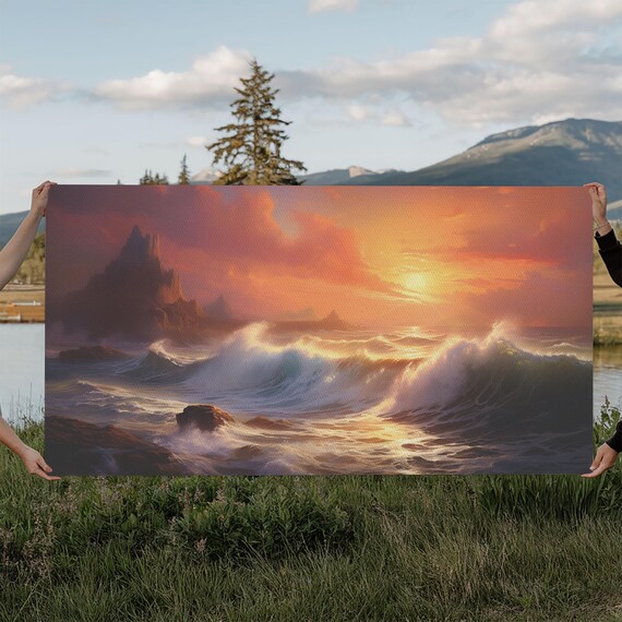 Dramatic Ocean Sunset Cliffs Crashing Waves Seascape Painting Wall Poster