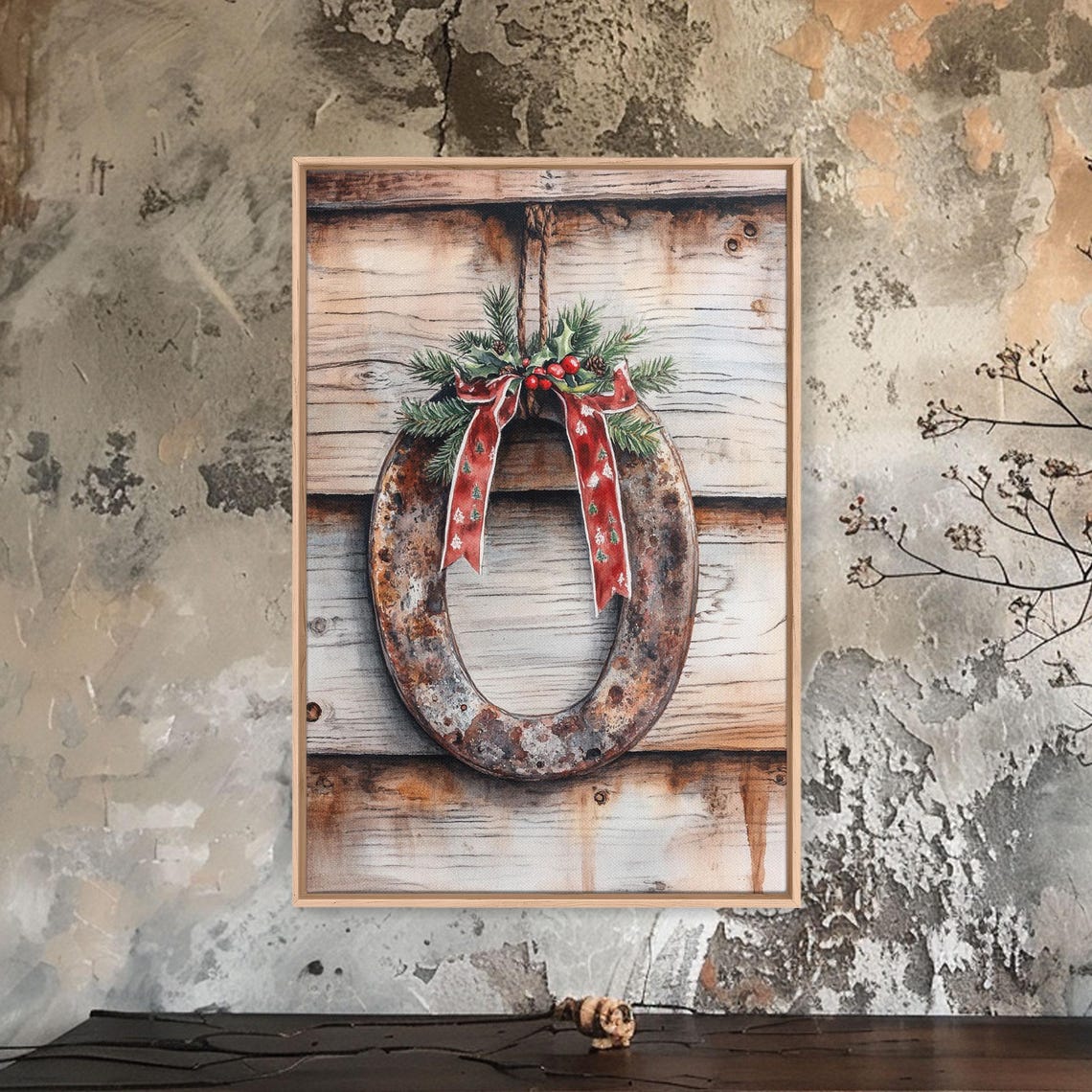 Christmas Horseshoe Rustic Wood Pine Bow Holiday Watercolor Wall Art - Image 4