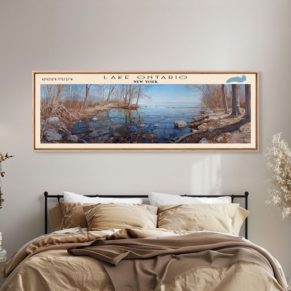 Lake Ontario Framed Print Lake House Decor Panoramic Wall Art Travel Poster Serene Landscape Painting Rustic Art