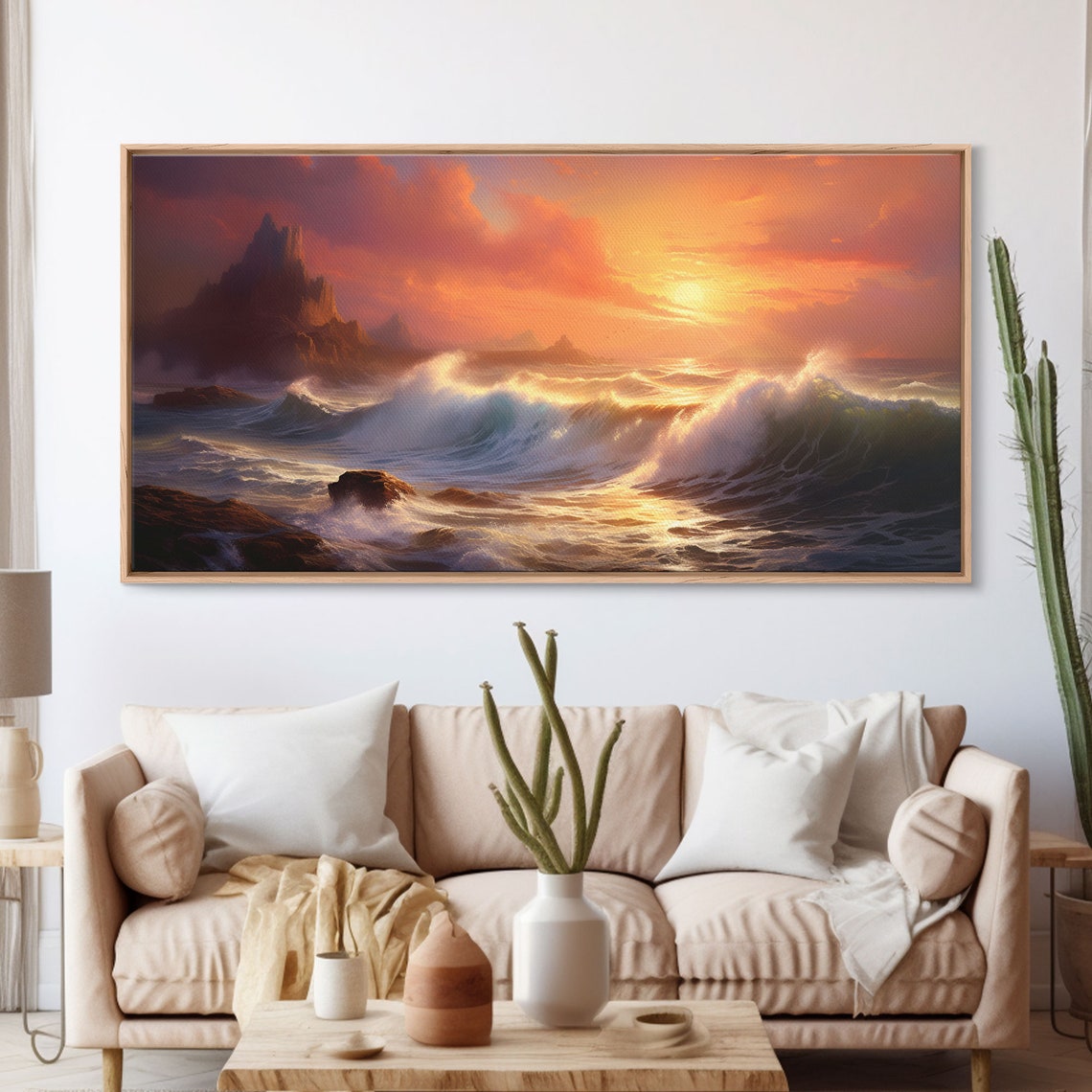 Crashing Waves Rocky Cliffs At Sunset Dramatic Seascape Art Poster - Image 3