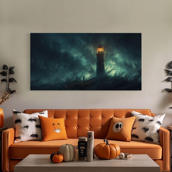 Haunted Lighthouse In Stormy Night Sea Spooky Halloween Art Print