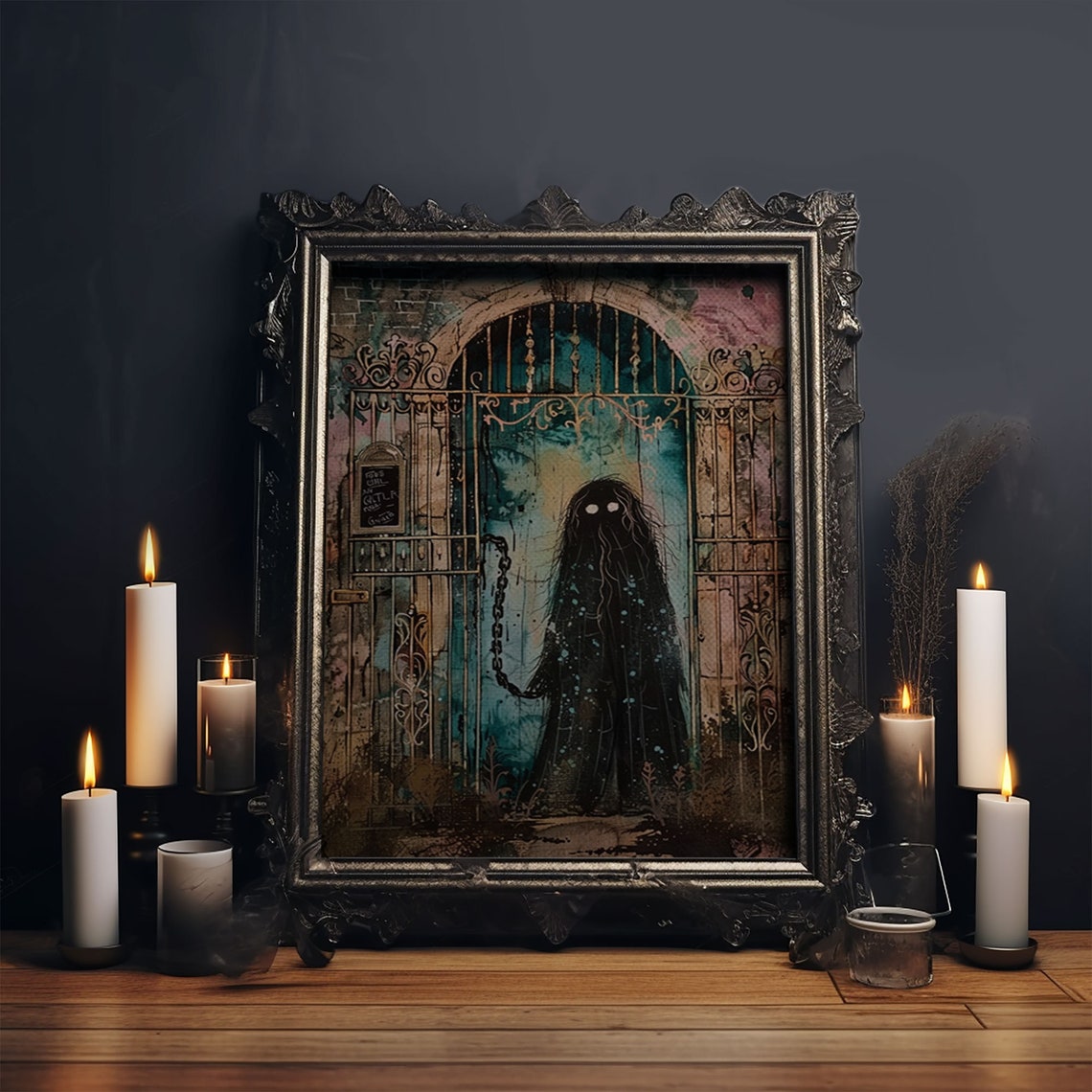 Shadow Ghost Glowing Eyes Locked Iron Gate Spooky Art Poster - Image 5