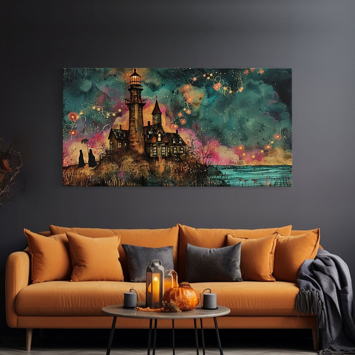 Haunted Lighthouse Seaside Cliff Colorful Starry Sky Midcentury Halloween Poster - Image 3