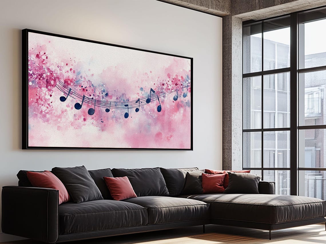 Pink Watercolor Music Notes Melody Staff Splash Romantic Wall Poster - Image 3