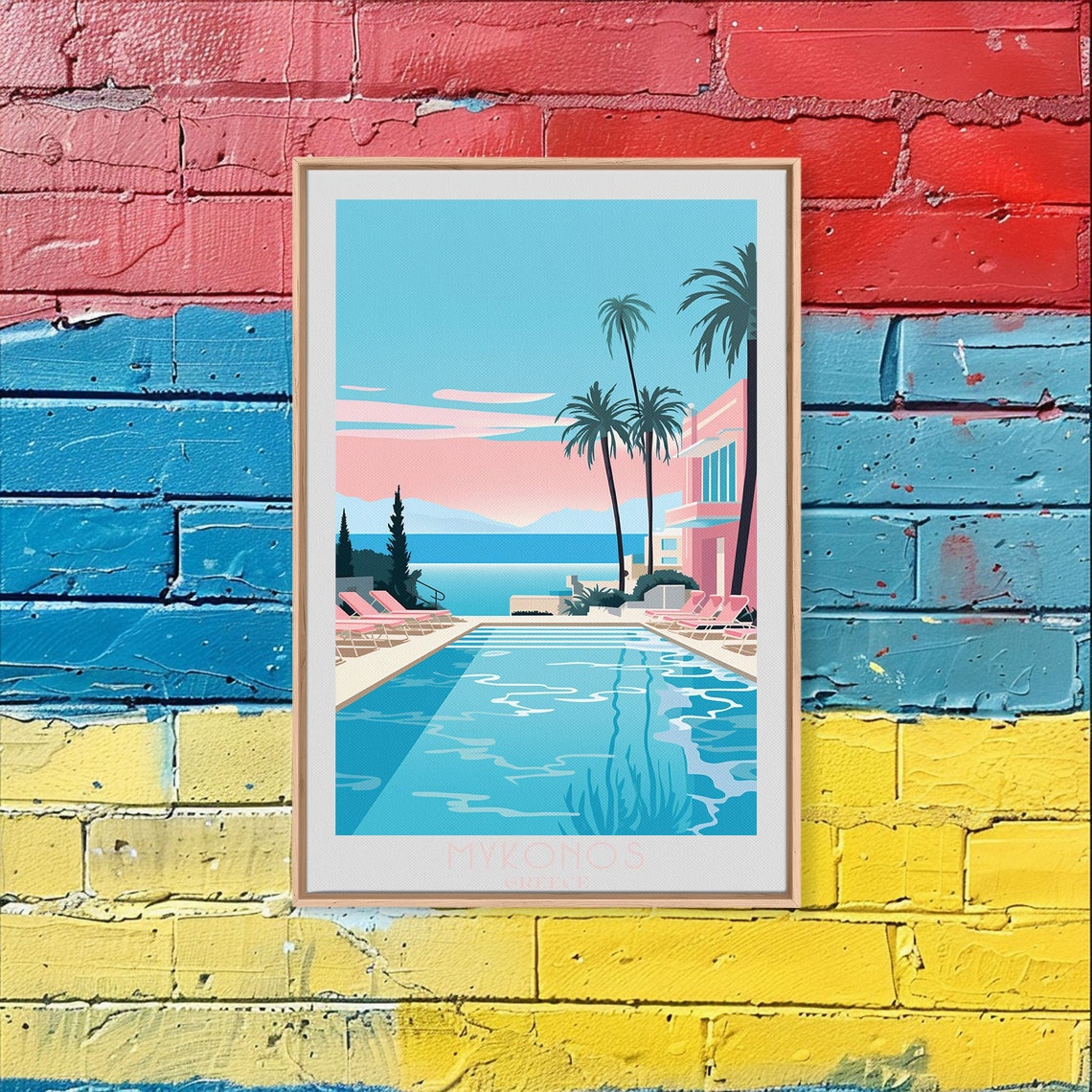 Mykonos Greece Poolside Palm Trees Pink Sunset Sea View Poster - Image 3