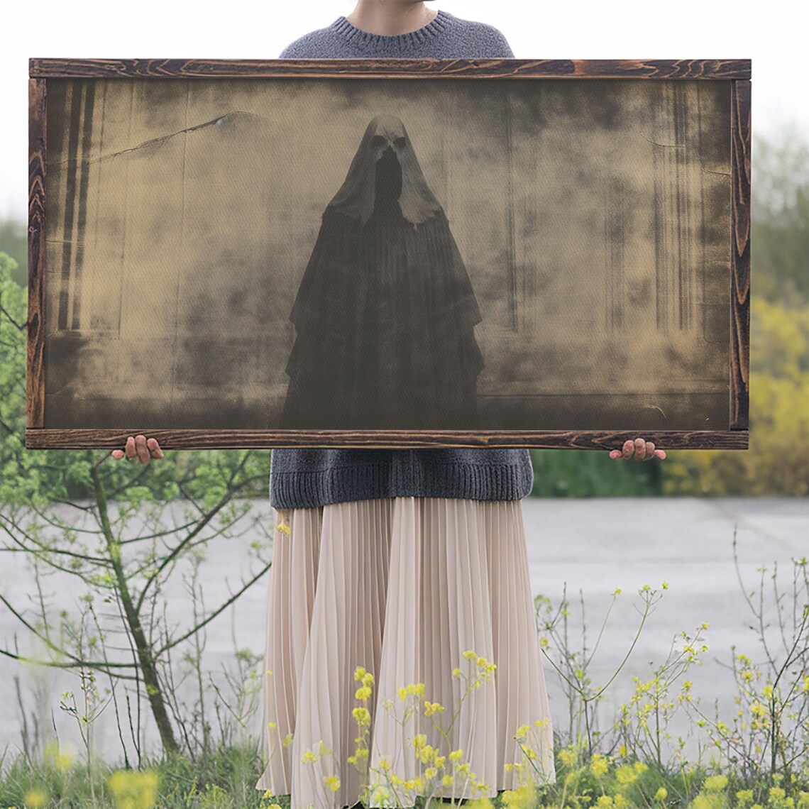 Haunted Apparition Ghost In Vintage Cracked Sepia Photo Wall Art - Image 2