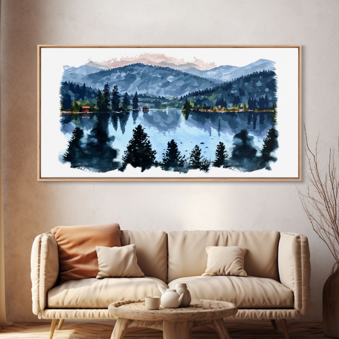Mountain Lake Cabins Pine Reflections Watercolor Alpine Scenery Poster - Image 4