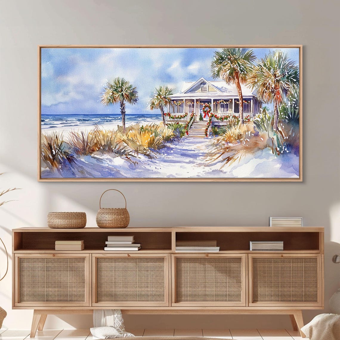 Sunny Tropical Beach House Christmas Palms Ocean Waves Art Print - Image 4