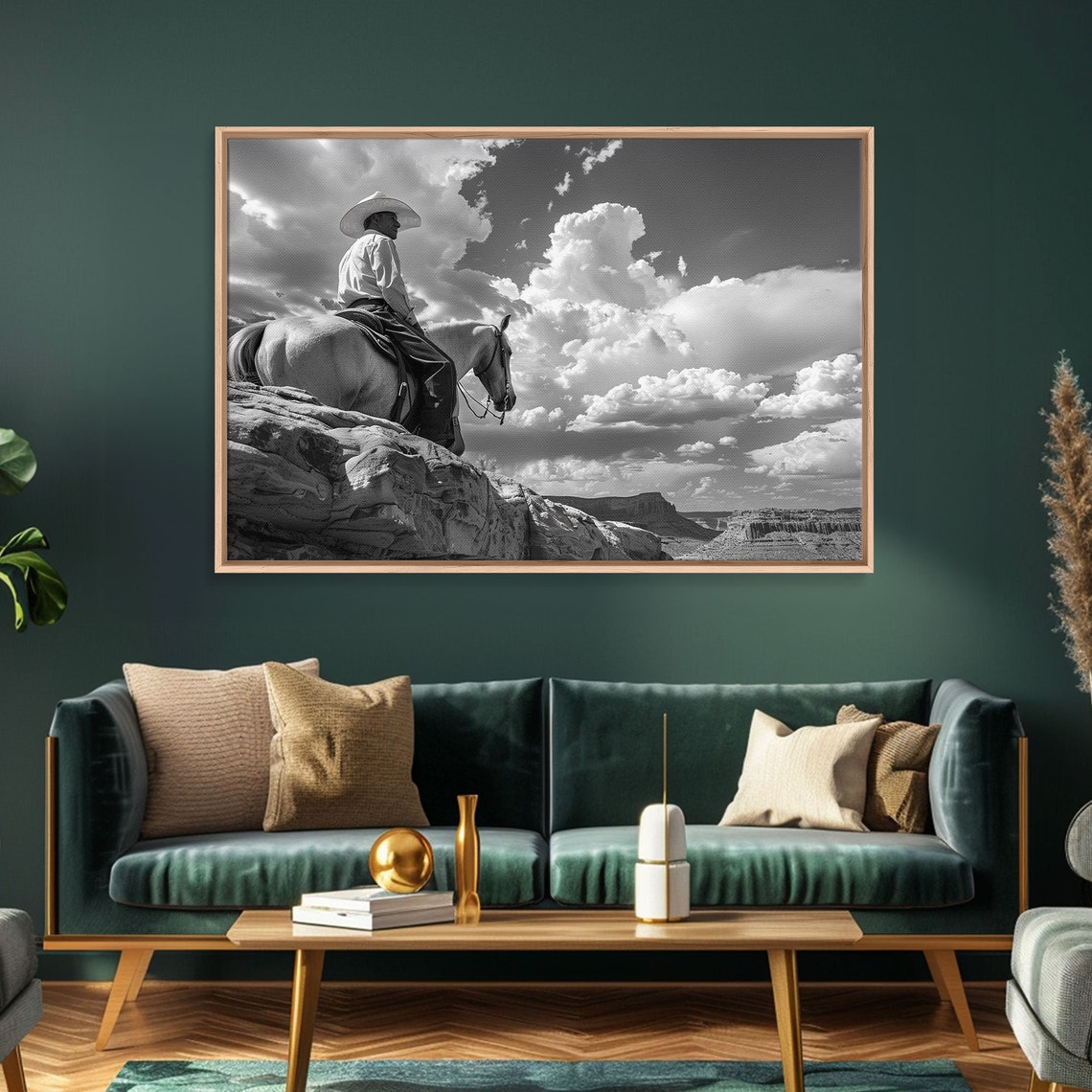 Cowboy On Horseback Rocky Cliff Dramatic Sky Black White Poster - Image 4