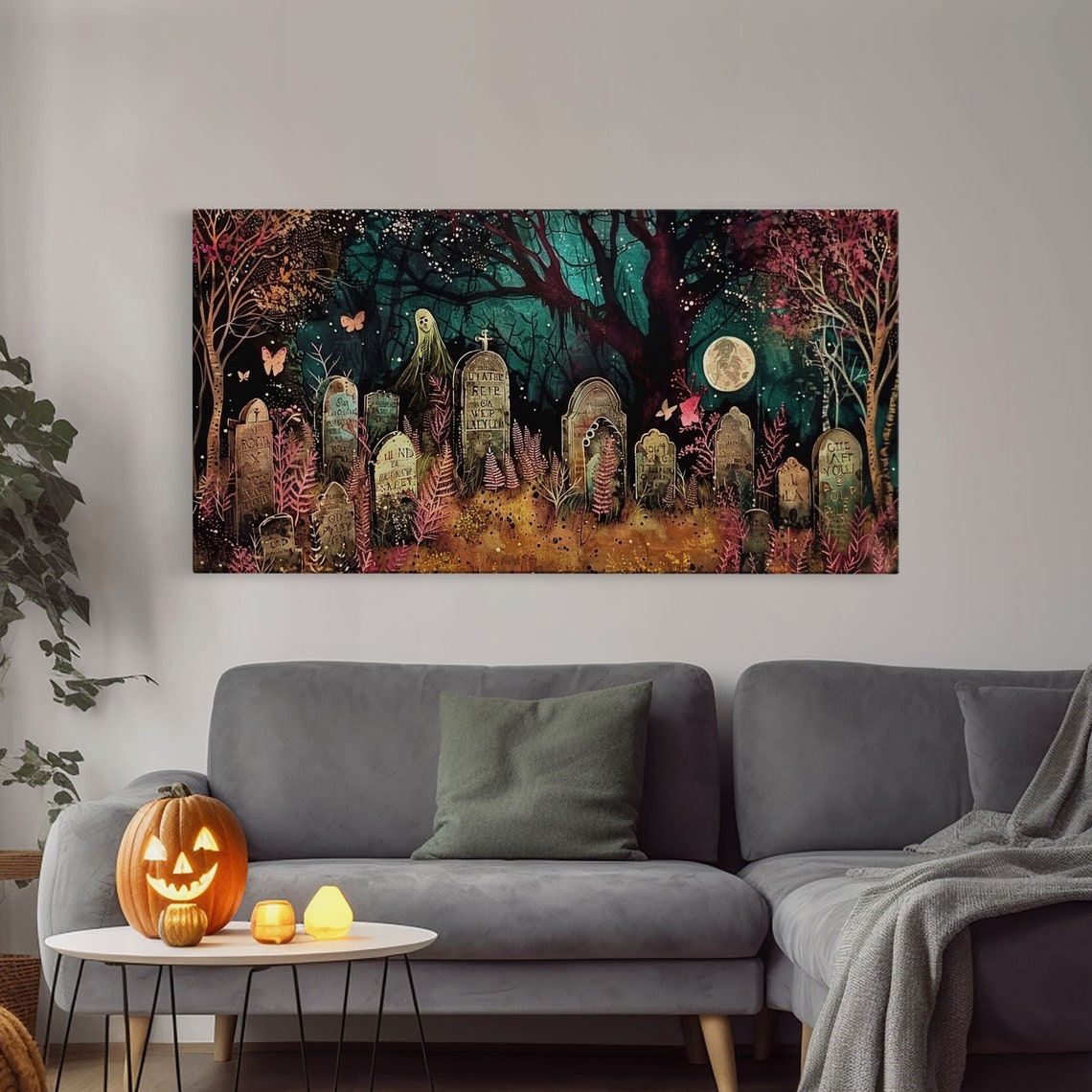 Colorful Haunted Graveyard At Night Spooky Season Halloween Art Print - Image 4