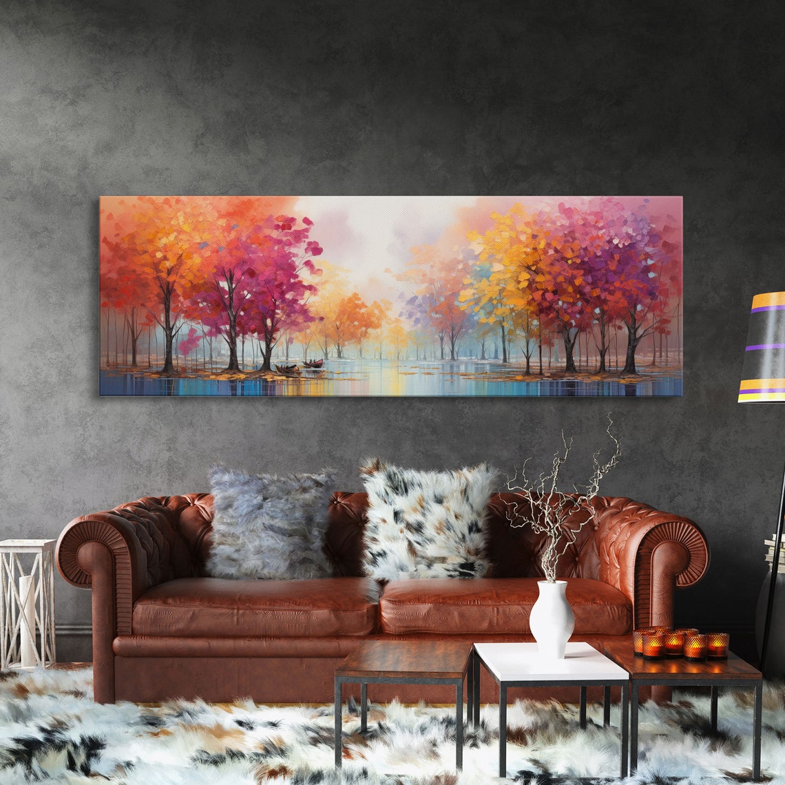 Autumn Trees Over Mirror Lake Colorful Fall Foliage Panoramic Wall Art - Image 3