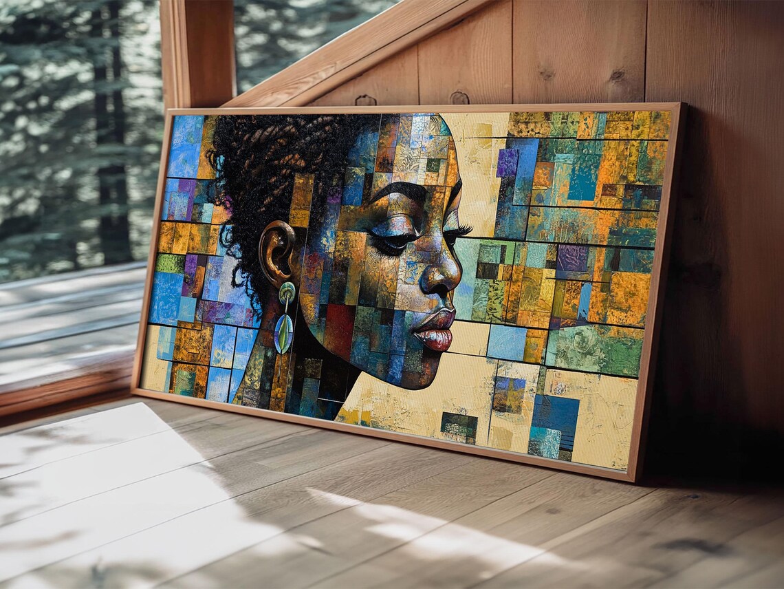 African Woman Mosaic Portrait Geometric Blue Gold Abstract Art Poster - Image 2