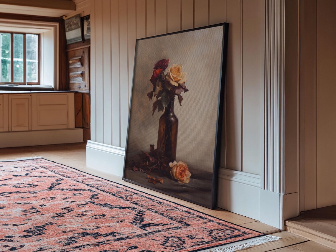 Roses In A Wine Bottle Oil Painting Print Still Life Of Roses Rose Painting Rose Art Moody Decor Subdued Art - Image 6