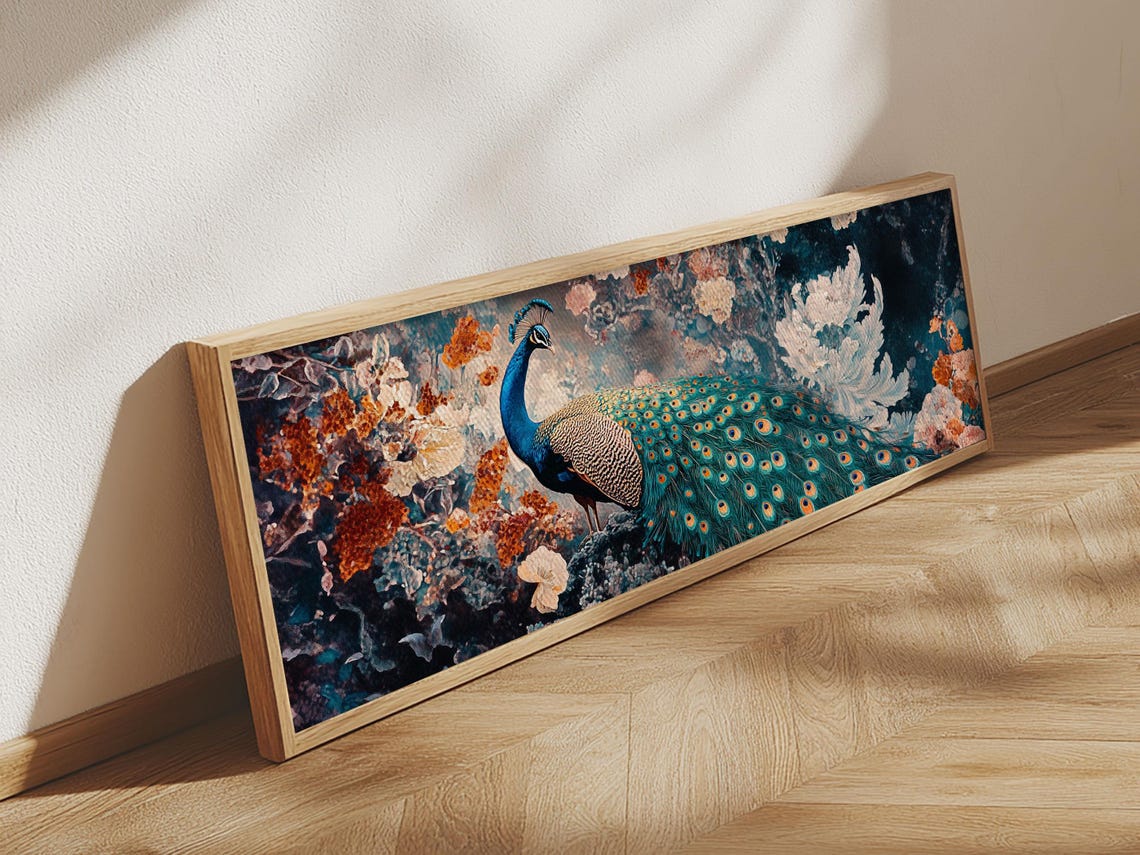 Vibrant Peacock Mosaic Floral Panoramic Living Room Wall Art Poster - Image 4